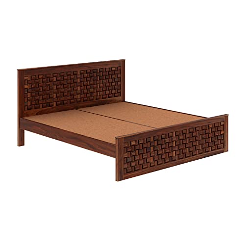 Image of SHRI MINTU'S ART Solid Sheesham Wood Queen Size Bed Without Storage | Wooden Double Bed Cot Bed for Bedroom Furniture | Niwar Patti Design Palang Double Bed for Hotels | Honey Finish