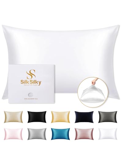 SilkSilky 100% Mulberry Silk Pillowcase - Pure 22 Momme High-Grade 6A Fibers for Hair & Skin Envelope Closure Natural Organic Breathable & Cooling Pillow Case (Standard White)