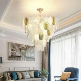 Image of 600MM Chandelier for Living Room | Cascading White & Gold Leaf Panel Design in Tiered Style | Smart Control, Alexa & Google Assistant | 3 Color LED Jhumar Ceiling Light for Dining Hall