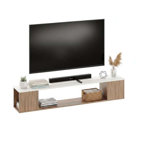Image of FURNEASER Ether Modern Wall Mounted TV Unit with Floating Shelf | Wooden TV Entertainment Unit for Living Room | Engineered Wood Media Console for 43,50, 55 to 65 Inch TV (Exotic Teak & White)