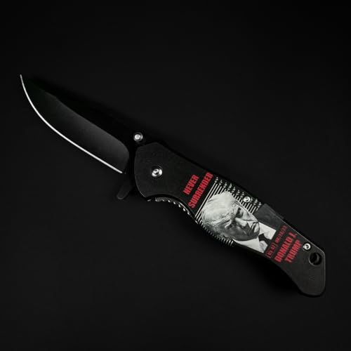 Image of PS Trump Mug Shot Stainless Steel Pocket Knife, Patriotic Everyday Carry Tool, Folding Utility Design, Belt Clip Carry Accessory, Gift and Collection Item, (Never Surrender Theme)