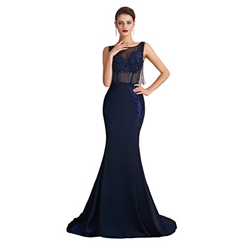 Maricopyjam Women's Jewel Mermaid Jewel Mermaid See Through Lace Applique Beaded Tassel Long Prom Evening Dresses