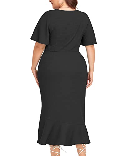 LALAGEN Plus Size Dress for Women Modest Short Sleeve Ruched Bodycon Mermaid Cocktail Midi Dresses 1X-6X2