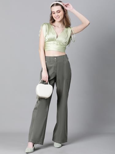Image of oxolloxo Women Solid V-Neck Elasticated Tie-Up Satin Crop Top