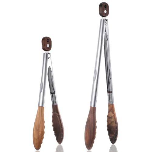 12 & 15 Inch Long Wooden Tongs for Cooking & Serving Food, Kitchen Stainless Steel Salad Tongs with Walnut Wood Tip, Smooth Locking & Hanging Cooking Utensils Set, Non-Slip, Heat Resistant, Pull Lock