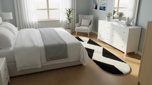 Image of Fluffy Silky Micro Fiber Polyster Carpet /Runner for Bedroom, Study Room, Playing Room, Guest Room ETC. 2x5 Feet, (Black and Ivory Chevron Pattern)