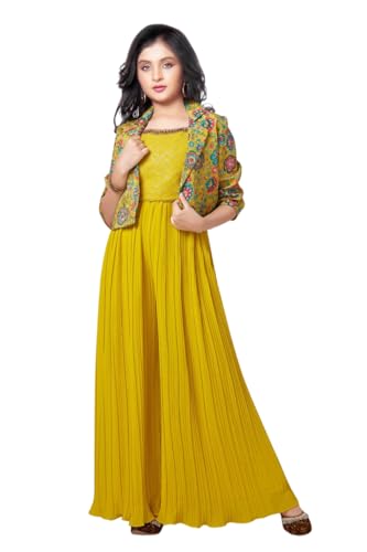 Image of White Button Girls Lemon Yellow Indo Western Set | Floral Print & Sequin Work Haldi Special