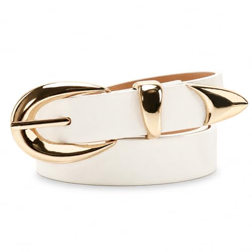 Image of White PU Leather Belt for Women with Gold-Tone Buckle - Minimalist Versatile Strap for Everyday Wear, Dresses, Trousers, Coats & Jeans, Adjustable Waistband, Soft Durable Faux Leather Strap (White)