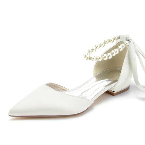 Image of Women's Pointed Toe Pumps Pearl Satin Wedding Shoes for Bride Flats Ankle Strap Bridal Shoes Formal Prom Party Dress Pumps Sandals