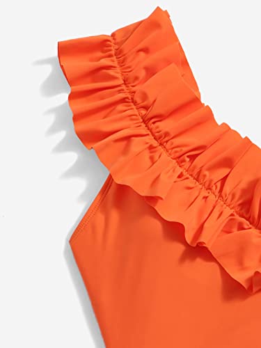 Romwe Women's One Piece Ruffle Trim Solid Basic Swimsuit Bathing Suit Swimwear Orange S #TOP2