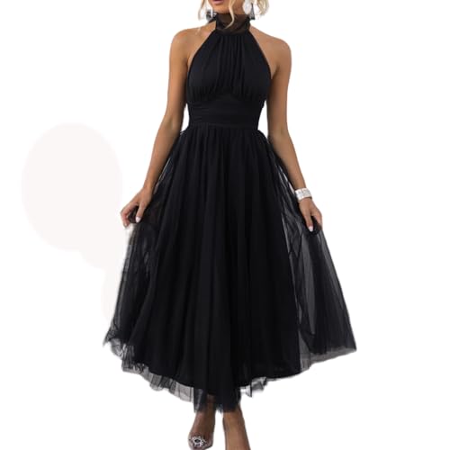 Felcia Damen Bodycon Maxikleid Neckholder Rückenfrei Hohe Taille A Linie Kleid Elegant Abend Cocktail Party Hochzeit Tüllkleid, A-schwarz, X-Large