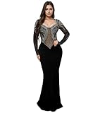 Jigfar Women's Sexy Elegant Rhinestone Mesh See Through Mermaid Bodycon Maxi Dress(FK3273,Black,L)