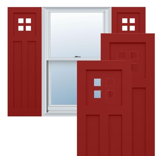 12"W x 44"H True Fit PVC San Antonio Mission Style Fixed Mount Shutters, Fire Red (Per Pair - Hardware Not Included)