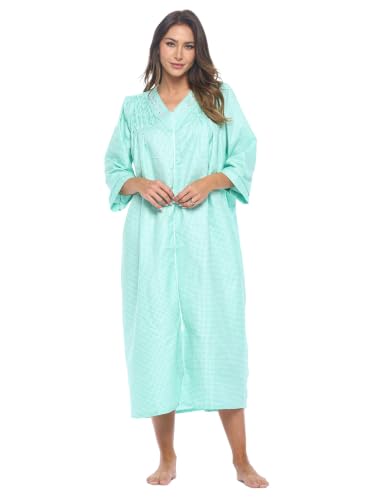 Image of Casual Nights Women's Zip Front Woven House Dress | 3 /4 Sleeves Housecoat Long Duster Lounger