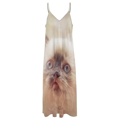 Robe maxi col V décontracté avec imprimé chat blanc mignon