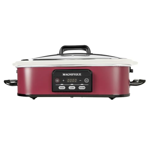 MAGNIFIQUE Small 4 Quart Casserole Programmable Slow Cooker with Ceramic Baking Dish – Perfect Kitchen Small Appliance for Family Dinners, Oven Safe and Durable Bakeware for Lasagna, Roasts (Red)