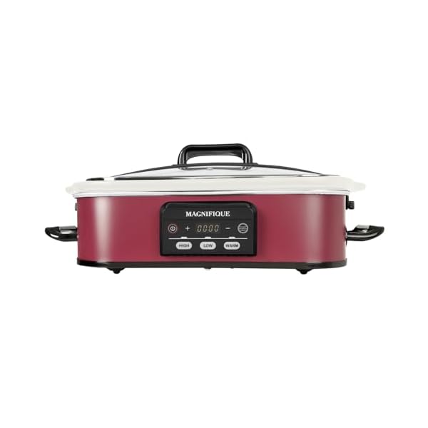 MAGNIFIQUE Small 4 Quart Casserole Programmable Slow Cooker with Ceramic Baking Dish – Perfect Kitchen Small Appliance for Family Dinners, Oven Safe and Durable Bakeware for Lasagna, Roasts (Red)