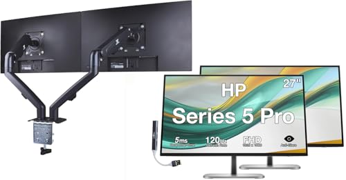 Image of HP Series 5 Pro 27 inch FHD IPS Monitor With 5ms Response Time, Anti Glare, Flicker Free, Swivel, Pivot, 350 Nits, VESA Mount (100mm), Displayport, HDMI, Black 2 Pack w /DKZ Hub & ErgoFlexy Dual Mount Arms