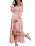 Boho Off Shoulder Maternity Dresses, Long Sleeve Side Split Flowy A Line Tiered Maxi Dress for Baby Shower Photoshoot, Dusty Pink, L