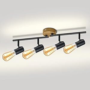 Ketom Plafonnier 4 Spots Orientables E27 Spots de Plafond Rotatif à 350° et Réglable à 90° Intérieur Lampe Murale en Bois Noir Plafond Spot Vintage pour Bureau Salon Hôtel Max 50W (Sans Ampoules)