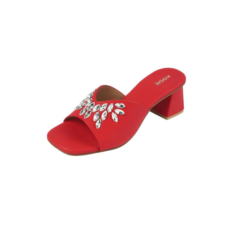 Mochi Women Red Synthetic Embellished Slip-On Block Heel Sandals UK/5 EU/38 (35-2081)