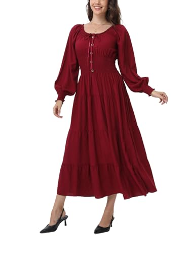 OSTOO Women's 2025 Casual Long Sleeve Square Neck Smocked High Waist Flowy Maxi Dress,Boho Tiered Beach Party Dress