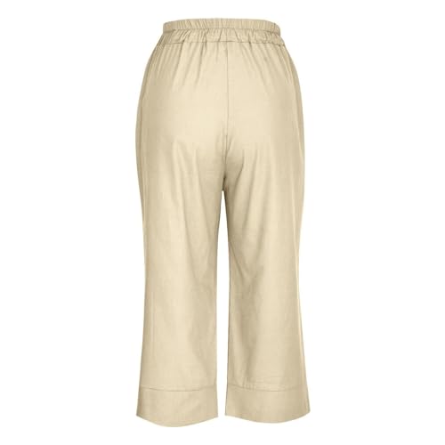 Wide Leg Capri Pants Women Petite Length Casual Elastic Waist Cropped Straight Leg Beach Pants Vacation Capris Pocket4