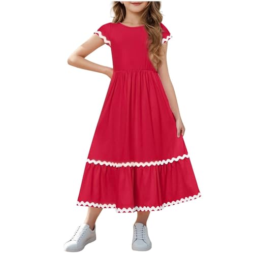 Dmmtot Vestidos de verano de manga corta para niñas, cuello redondo, plisado, acampanado, con bolsillos, retazos, bloqueo de color, vestido de verano a rayas, cómodo, elegante, vestido de fiesta