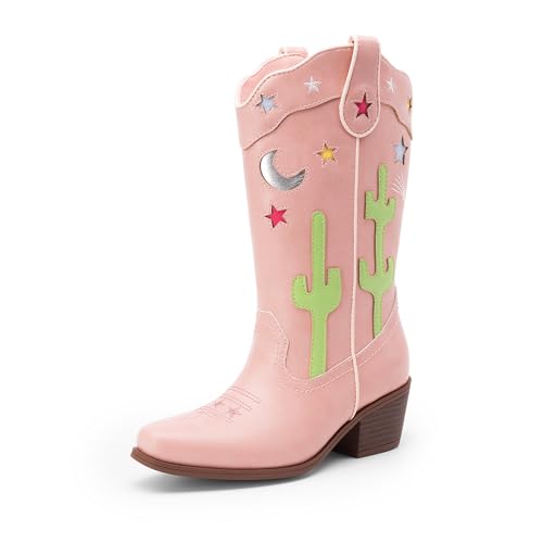 DREAM PAIRS Girls Cowboy Boots Cowgirl Mid Calf Western Boots with Low Heel Square Toe for Little Kid/Big Kid