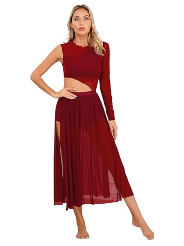 Agoky Damen Latein Tanzkleider Mesh Spleiß Ballettanzug Cut-Outs Ballett Trikot mit Langem Ballettrock Seitenschlitz Modern Walzer Kleider Burgundy M