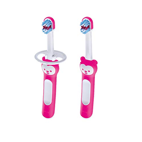 MAM Baby Toothbrushes (2 Baby's Brushes and 1 Safety Shield), Toothbrushes with Brushy The Bear Character, Interactive App, for Girls 6+ Months, Pink