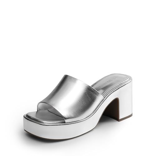 DREAM PAIRS DREAM PAIRS High Chunky Platform Heels for Women Fashion Comfort Slip on Square Open Toe Block Heel Sandals,Size 6,Silver-Pu,SDHS2410W
