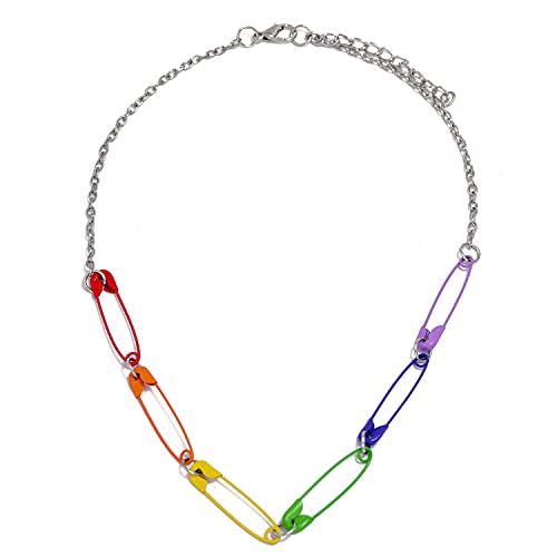 TIANBANGSHI statement Colorful Rainbow Punk Safety Pin Choker Necklace Unique Minimalist Paperclip Necklace for Women Hip Hop Party Fashion (necklace)