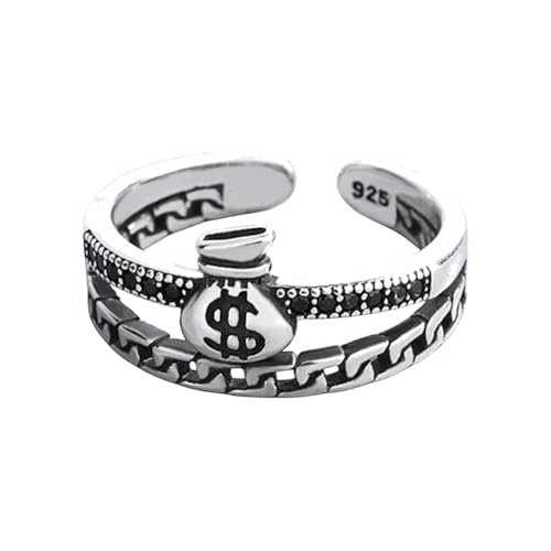 Fashion Creative Dollar Wallet 925 Sterling Silver Jewelry Personality Black Crystal-Layer Opening Rings TYB039