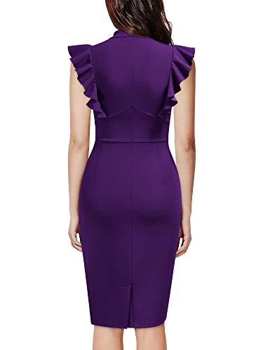 Image of Knitee Women's Vintage Ruffle Sleeve V-Neck Bodycon Evening Party Cocktail Pencil Sheath Dress