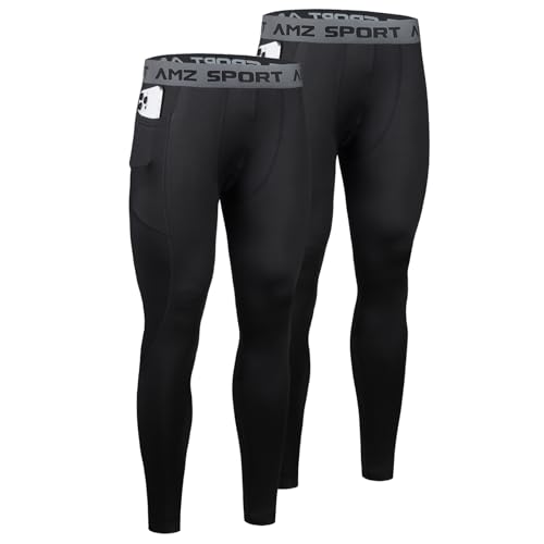 AMZSPORT Confezione da 2 Pantaloni a Compressione Uomo, Lunghi e Traspiranti, Leggings Sportivi per Corsa, Allenamento, Fitness, Ciclismo, Basket e Palestra Nero con Tasche L
