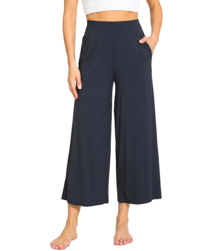 Image of GYS Bamboo Viscose Wide Leg Capri Pants for Women, Ultra-Soft Pajama Bottom | Lightweight Culottes Cropped Lounge Pants, Flowy Yoga Pants, High Waist PJ Bottoms, Knitted Ladies Gaucho Pants