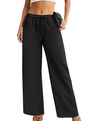 Womens Wide Leg Palazzo Pants Dressy Casual Lounge Baggy Pant Summer Travel Loose Drawstring Elastic Waist Trouser with Pockets Black XXL