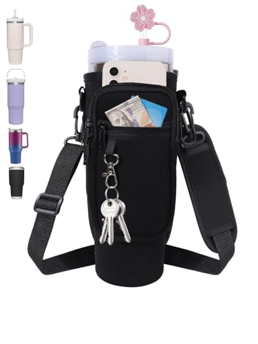 Neoprene Water Bottle Carrier Bag Holder with Phone Pocket & Carabiner - Adjustable Strap for Stanley 30/40 oz Tumblers, Double Zipper Pouch Cup Accessories,Black