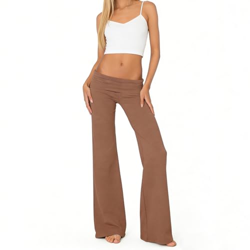 Image of Lounge Yoga Pants for Women Fold Over Low Waist Wide Leg Bell Bottoms | Y2K Foldover Pants, Flare Leggings, Low Rise Yoga Sweatpants