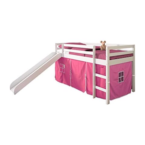 Donco Kids Low Loft Bed with Slide and Pink Tent, Twin, White Cover