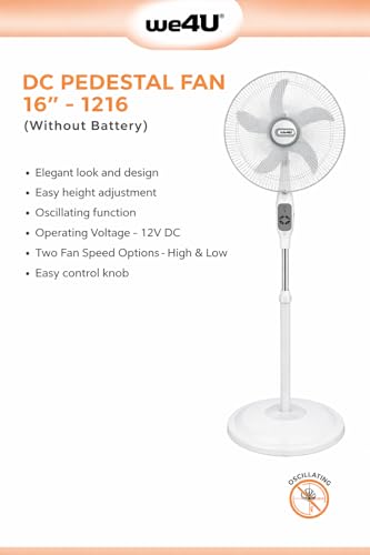 Image of Prabha We4u 16 Inch 12V DC Pedestal Fan with Oscillation & Height Adjustable, Works on any 12V DC Battery and Solar Panel, Without Battery Set of 1