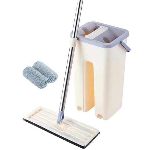 Mopa para Limpiar Azulejos Paredes Suelos Mopa Fregona con Cubo Escurridor Fregona Plana Cubo Mopa 2 Almohadillas Autoescurrible Parquet Madera Ventanas Mop Bucket Trapeadora (Gris)