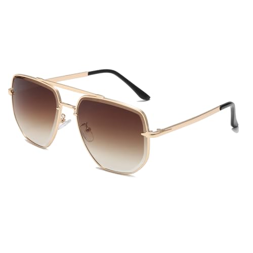 Long Keeper Retro Pilot Sonnenbrille Herren Herren Groß Metallrahmen Sonnenbrille Pilotenbrille Doppelsteg 70er Pilot Retro Brille Unisex, 60 MM (Gold Rahmen – Farbverlauf Braun Gläser)