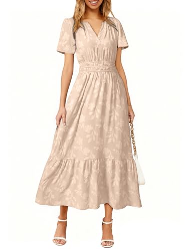 Image of Simplee Womens Summer Boho Maxi Dress Semi Formal Wedding Guest Short Sleeve V Neck Empire Waist Floral Long Dresses