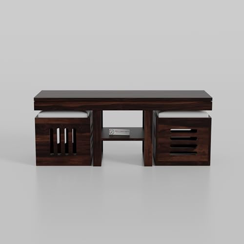 Image of Jangid Handicraft Solid Wood Coffee Table with 2 Stools | Tea Center Table with 2 Stools for Living Room | Wooden Rectangle Sofa Centre Table with Stool | Patio Teapoy Table with Two Puffy | Walnut