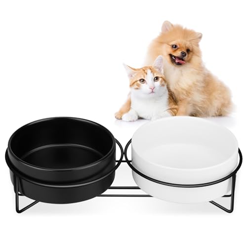 MOCOBO Hundenapf Katzennapf, Fressnapf für Mittelgroße Hunde, Doppel Napf mit Ständer, Schwarz-weiße Schüssel - 2 × 400 ML