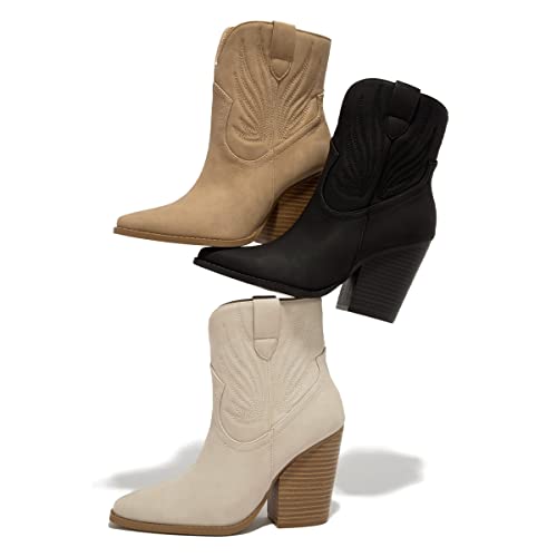FYS Women Cowboy Western Stitched Ankle Boots Pointed Toe Stacked Chunky High Heel Booties Cowgirl Outfit Ladies Shoes Size 4-15 US4
