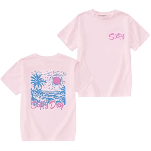 Hawaiian Shirts for Girls Cute Palm Tree Graphic Tees Kids Salty Beach Tops Trendy Preppy Summer Vacation Outfits Pink B 9-10Y
