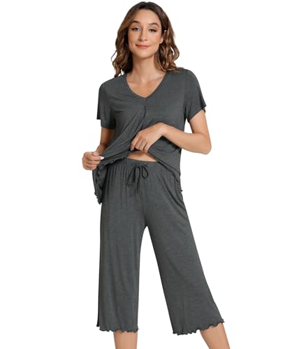 Image of NACHILA Women's Pajama Sets Cooling Bamboo Viscose V-Neck Top & Capri Pants | Lightweight, Breathable, Moisture-Wicking, Buttery Soft, Ideal for Hot Sleepers, Night Sweats and Hot Flashes, Sleep & Lounge
